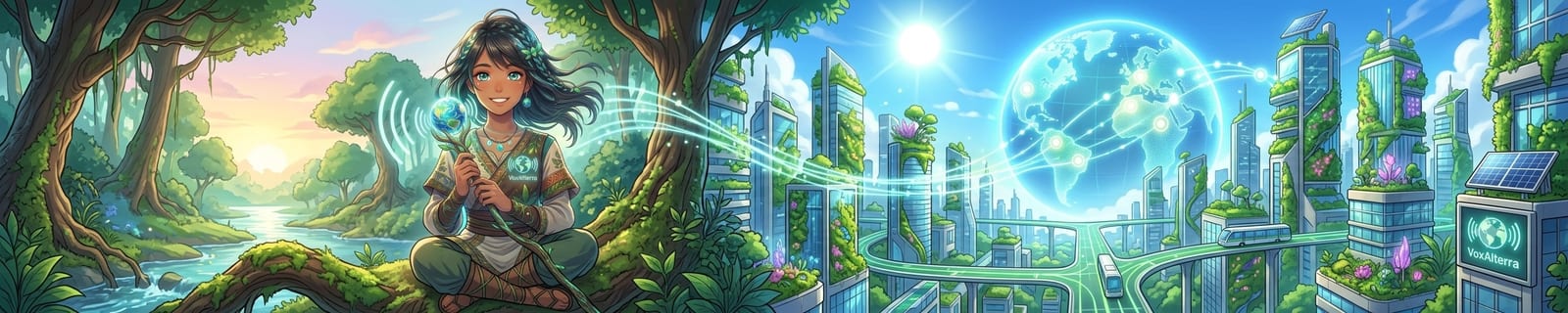 VoxAlterra sits among mossy roots in a sunrise forest, holding a branch that sprouts a glowing Earth; green signal-streams flow rightward into a living future city.