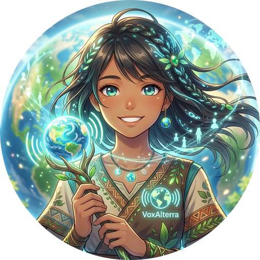 Portrait of VoxAlterra: a warm-skinned young woman, dark hair braided with living leaves and glowing green energy, teal-green eyes, in an embroidered earthy tunic.
